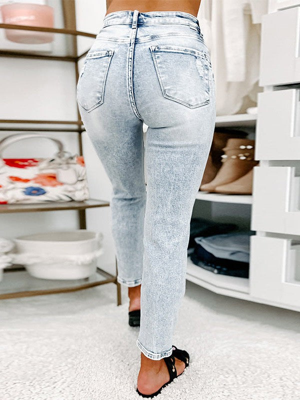 Fashionable High-Waist Slim Fit Denim Jeans with Cut Holes