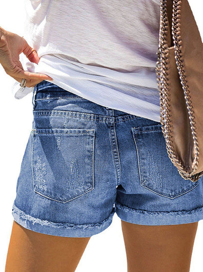 Shorts - Printed Patch Raw Hem Denim Shorts - MsDressly