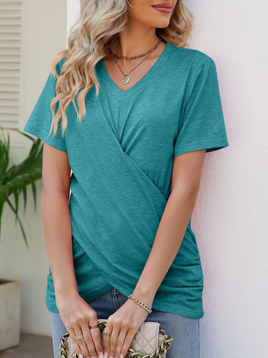 Casual And Vibrant Multicolor Knotted Short Sleeve V Neck T Shirt