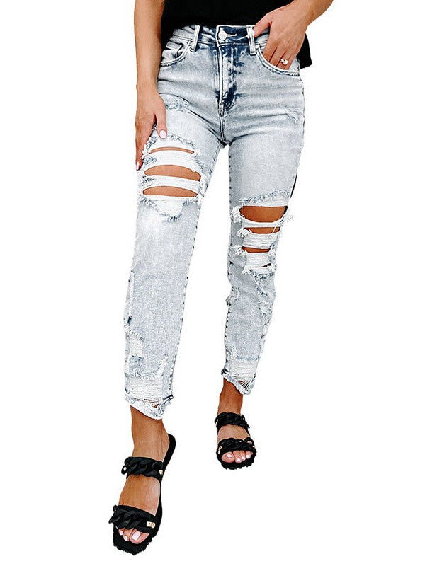 Fashionable High-Waist Slim Fit Denim Jeans with Cut Holes