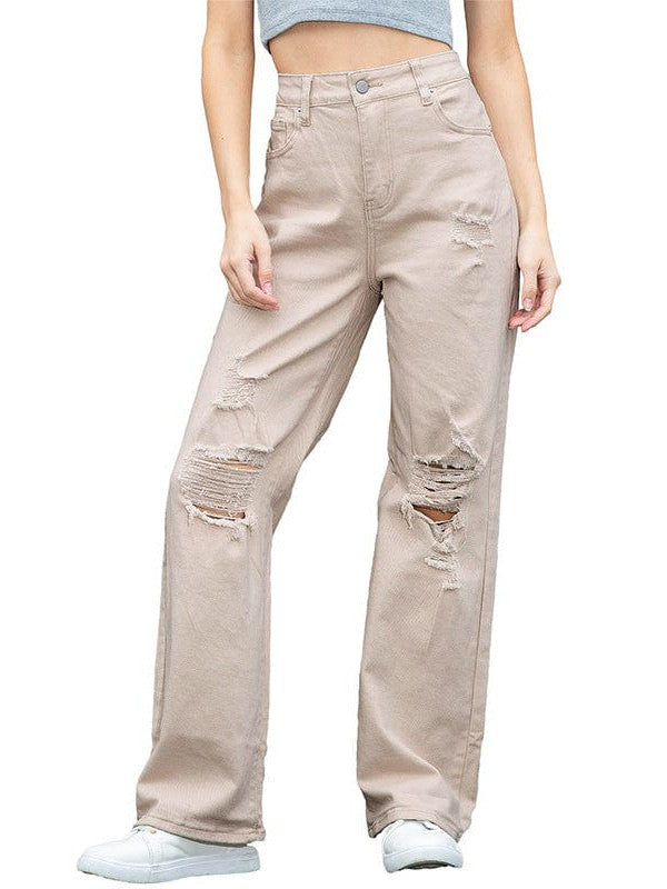Vintage Wide Leg Cotton Jeans with Distressed Ripped Details for Women