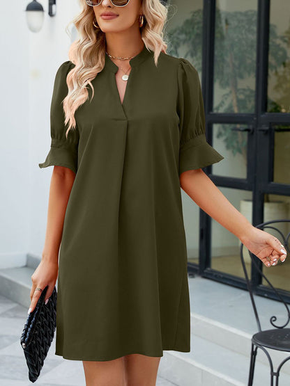 Mini Dresses - Solid Color Loose V Neck Half Sleeve Mini Dress - MsDressly