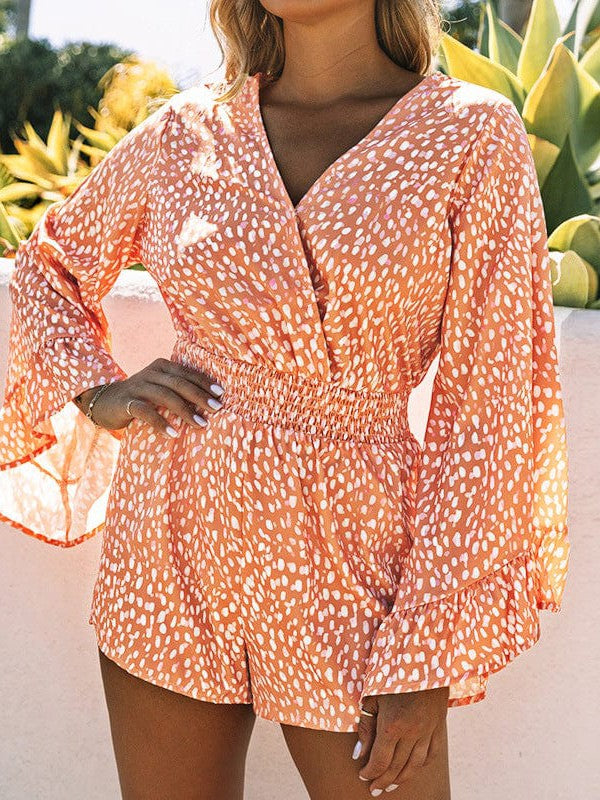 Printed Orange Long-sleeved Jumpsuit with Wide-leg Shorts for Women