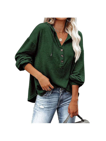 V-neck long-sleeved casual sweatshirt buttoned drawstring sports hoodie