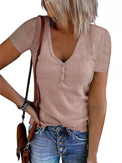 Ribbed Knit Button Solid Color T Shirt