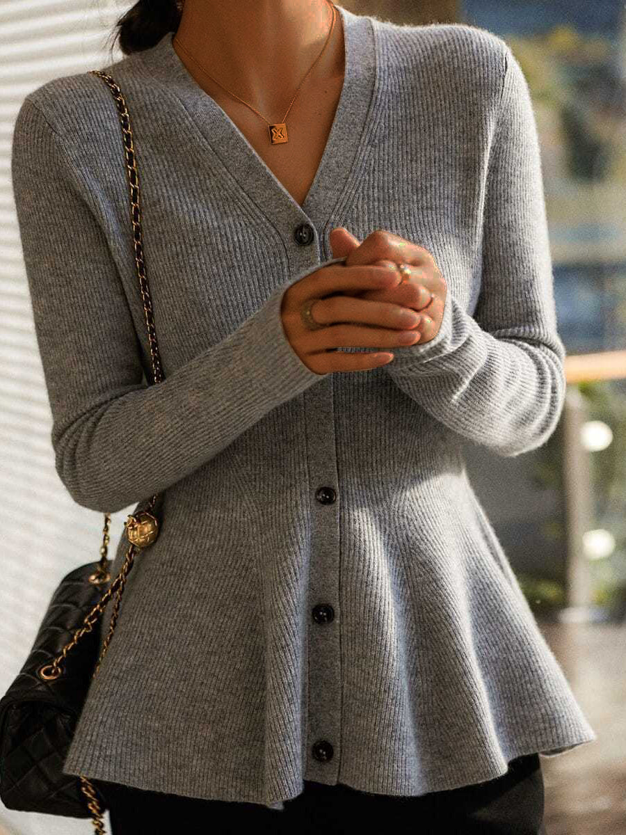 Sweaters - V Neck Long Sleeve Ribbed Pullover Knitted Peplum Sweater - MsDressly