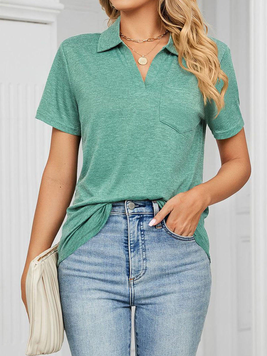 T-Shirts - Collared Loose Casual V Neck Short Sleeve T-Shirt - MsDressly