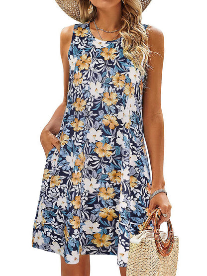 Mini Dresses - Simple Fun Beach Floral Casual Pockets Boho  Mini Dress - MsDressly