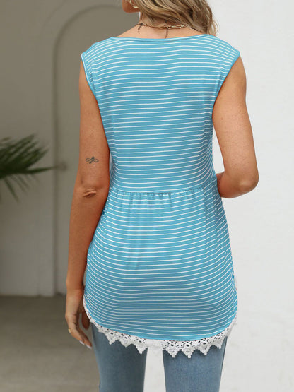 Blouses - Striped Lace Stitching Fashion Sleeveless Blouse - MsDressly