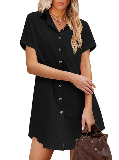 Blouses - Button Solid Color Lapel Short Sleeve Blouse - MsDressly