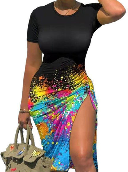 Sexy Bodycon Short Sleeve Slit Ruched Club Party Midi Dress