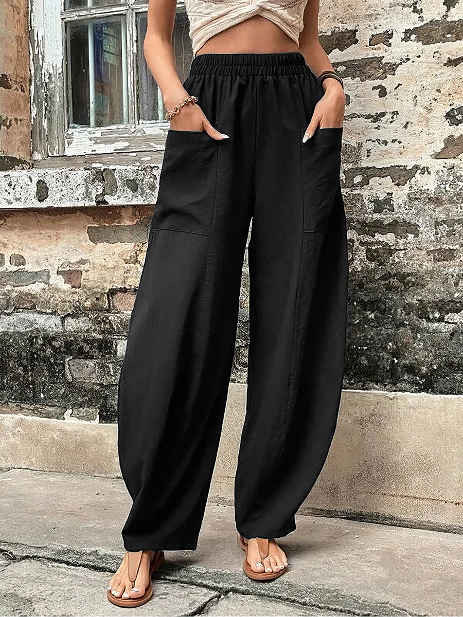 Solid Color Pocket Casual Elasticized Pants