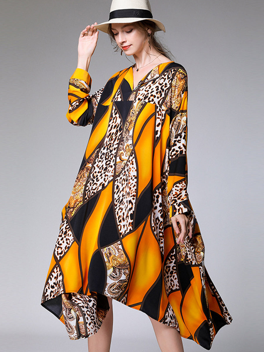 Midi Dresses - Loose Fashion Irregular Printed Long Sleeve Midi Dress - MsDressly
