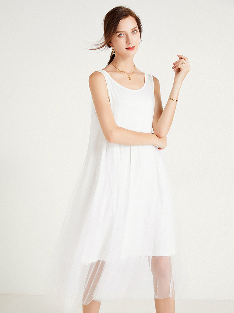 Plus Midi Dresses - Size Curve Dresses Plus Size Loose Solid Color Sleeveless Stitching Mesh Midi Dress - MsDressly