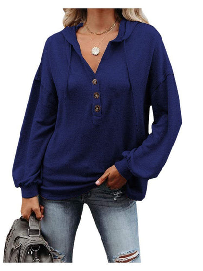 V-neck long-sleeved casual sweatshirt buttoned drawstring sports hoodie