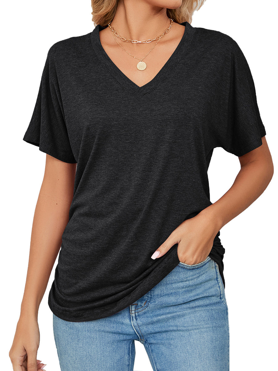 T-Shirts - Casual V Neck Short Sleeve Solid Color Basic T-Shirt - MsDressly