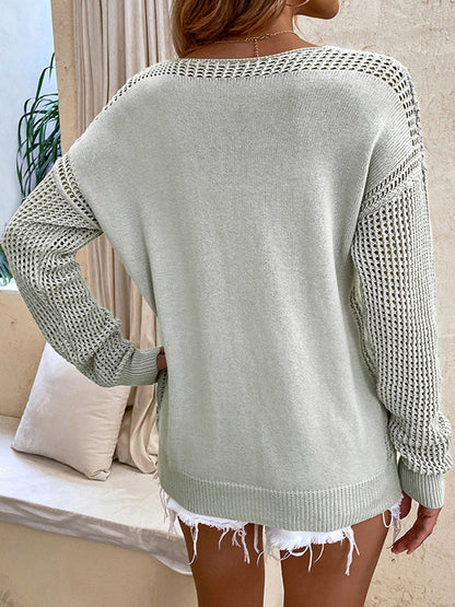 Sweaters - Loose Long-Sleeve Solid Color Hollow V-Neck Sweater - MsDressly