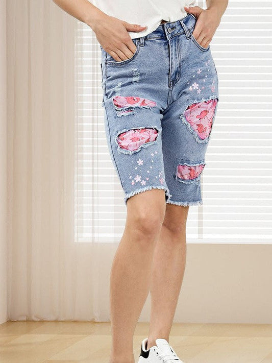 Slimming Sky Blue High-Waisted Patched Cotton Spandex Jeans