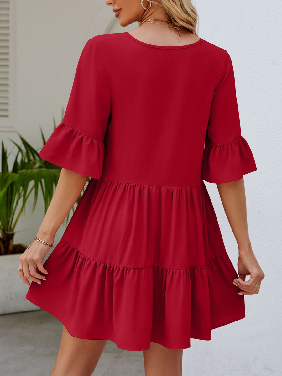 Mini Dresses - Stylish Pleated Ruffle Short Sleeve Mini Dress - MsDressly
