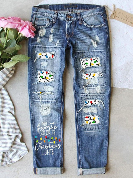 Heat Transfer Patch Small-Leg Denim Jeans with Ripped Buttons for Women