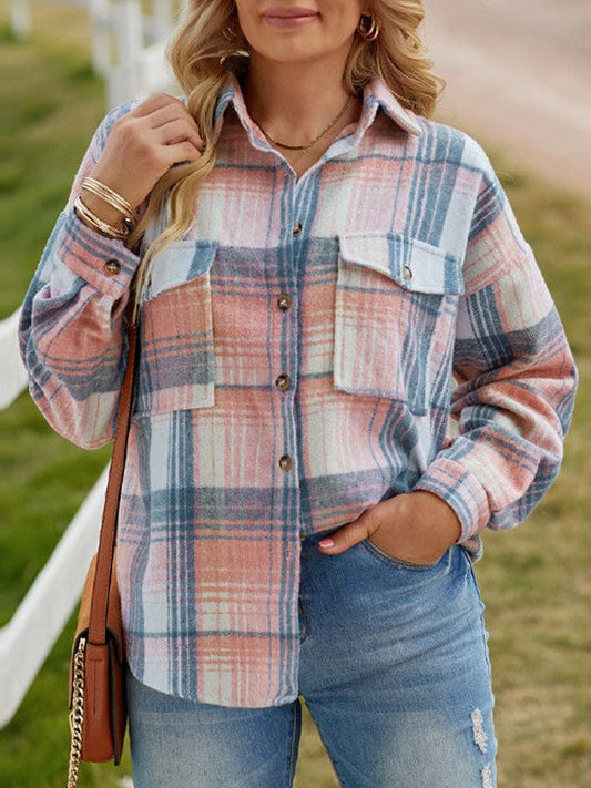 Plaid Lapel Coat Loose Shirt for Women with Lazy Style Long Sleeve Top