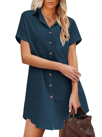 Blouses - Button Solid Color Lapel Short Sleeve Blouse - MsDressly