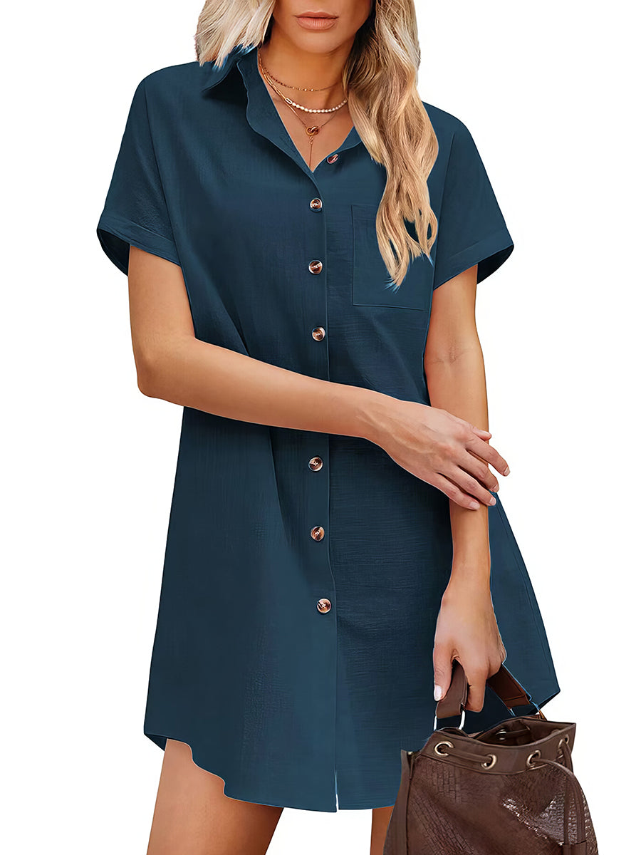 Button Solid Color Lapel Short Sleeve Blouse