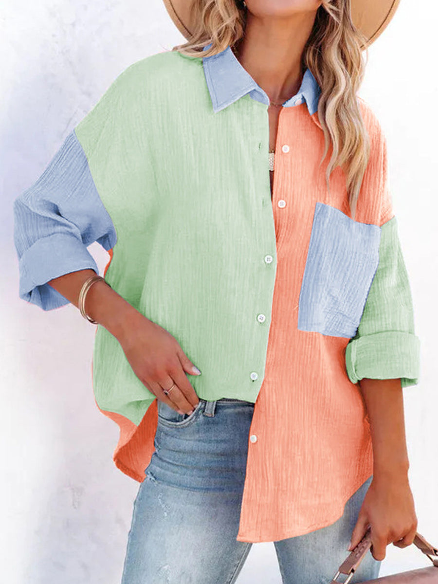 Blouses - V Neck Button Long/Roll Up Sleeve Casual Collared Work Blouse - MsDressly