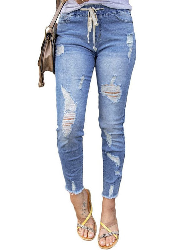 Elastic Waist Ripped Denim Jeans for Women with Drawstring Closure
