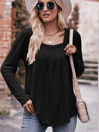 T-Shirts - Casual Pleated Stylish Puff Sleeves Square Neck T-Shirt - MsDressly