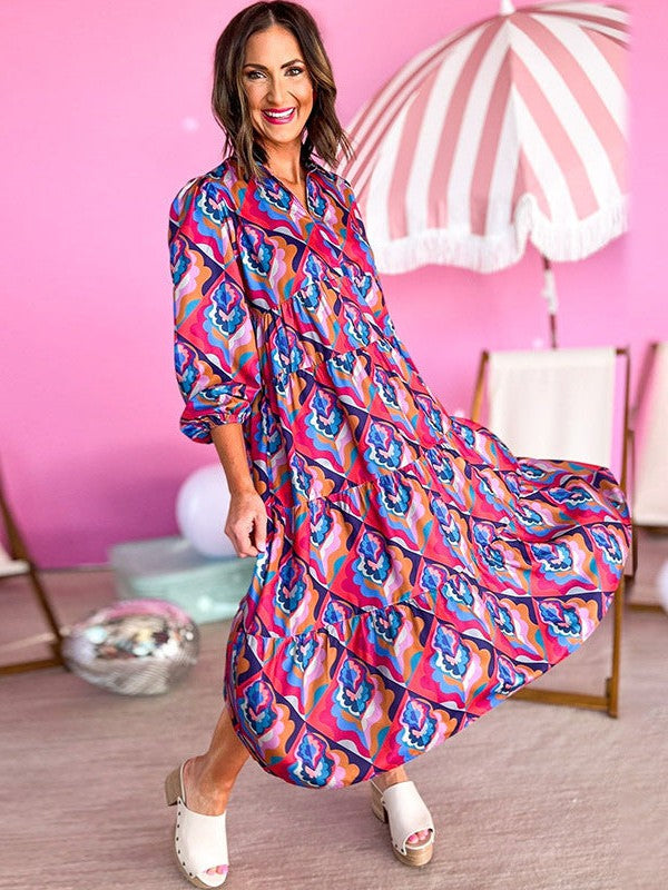 Vibrant Print Flared Sleeves Holiday Maxi Dress