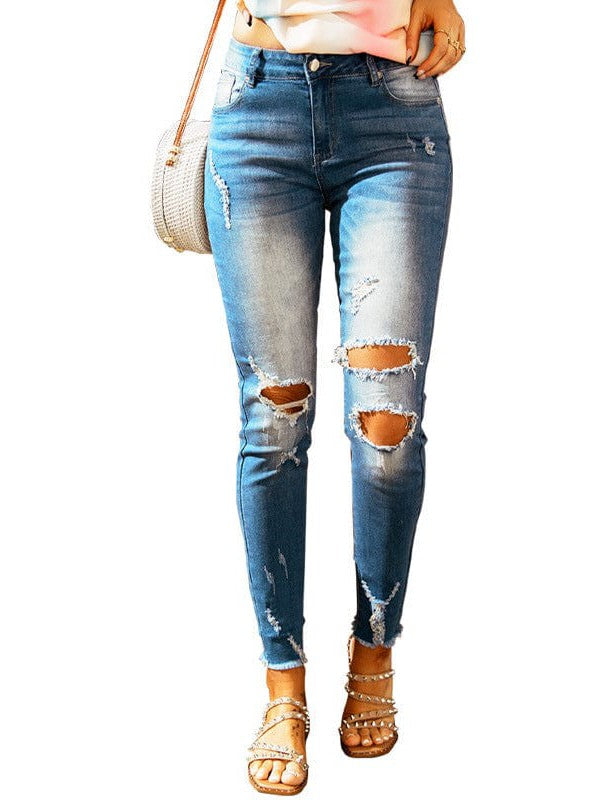 Women's Chic Ripped High-Waisted Denim Nine-Point Jeans