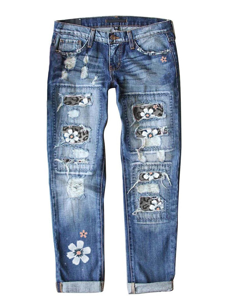 Women's High Waisted Plant Printed Ripped Denim Jeans with Ankle Length Casual Pants
