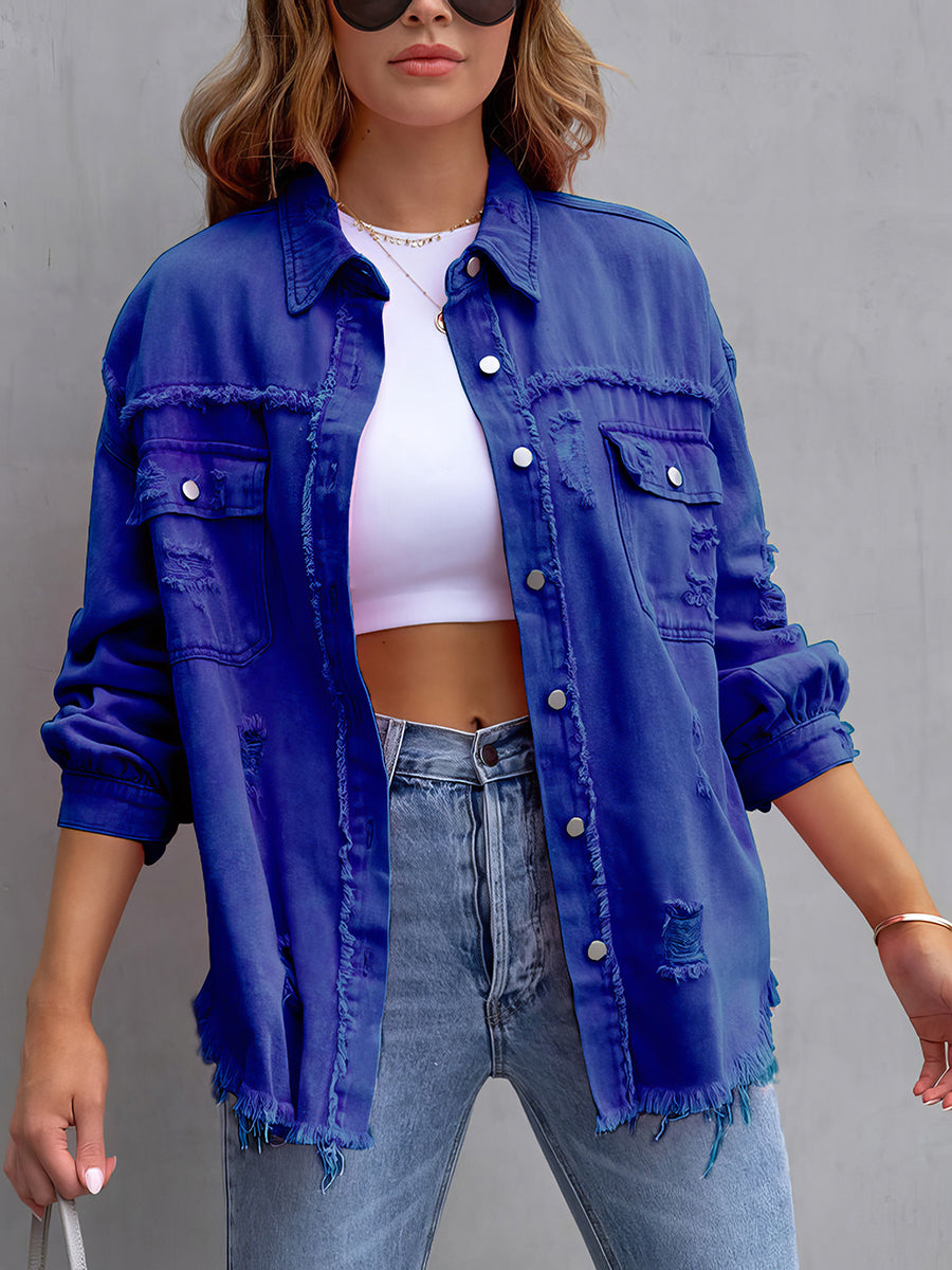 Coats - Ripped Denim Long Sleeve Casual Lapel Coat - MsDressly