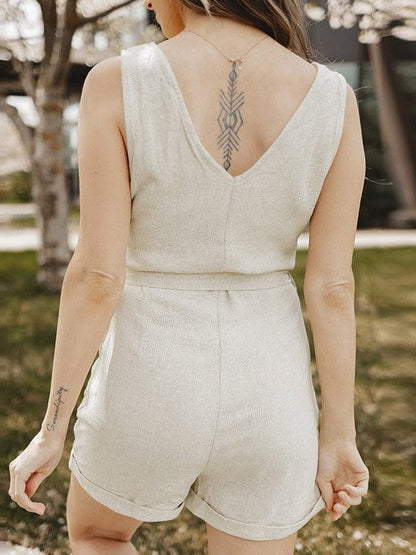 Simple Style Viscose Jumpsuit with V-Neck and Buttoned Waist