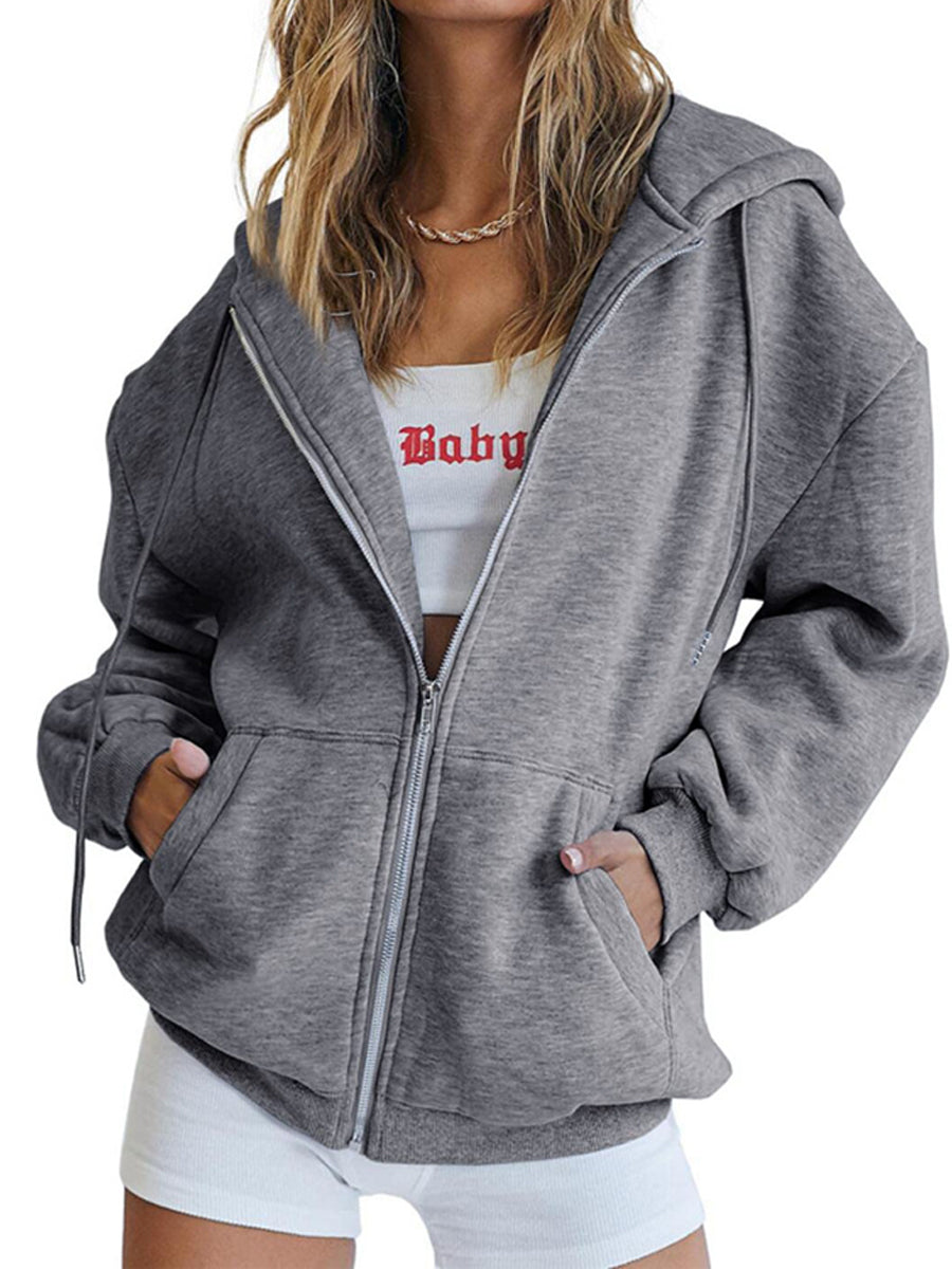 Hoodies - Zip Up Oversized Cute Casual Drawstring With Pockets Hoodie - MsDressly