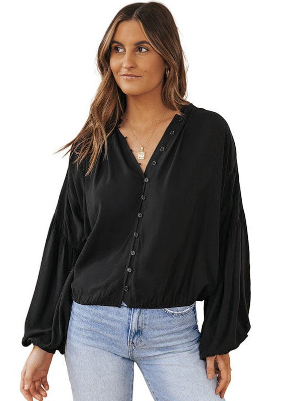 Women's Loose Balloon Sleeve V-Neck Blouse in Solid Color