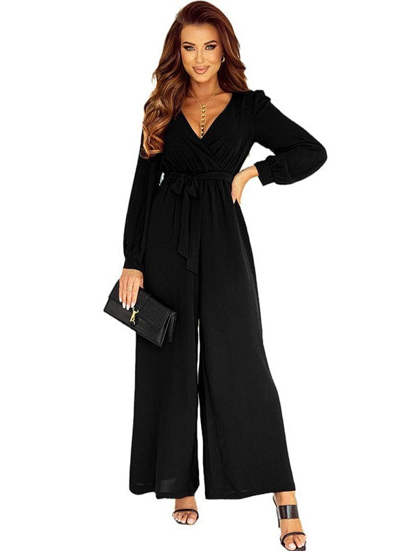 Vibrant Black Jumpsuit with Chic Deep V-Neck and Wide-Leg Trousers for Women