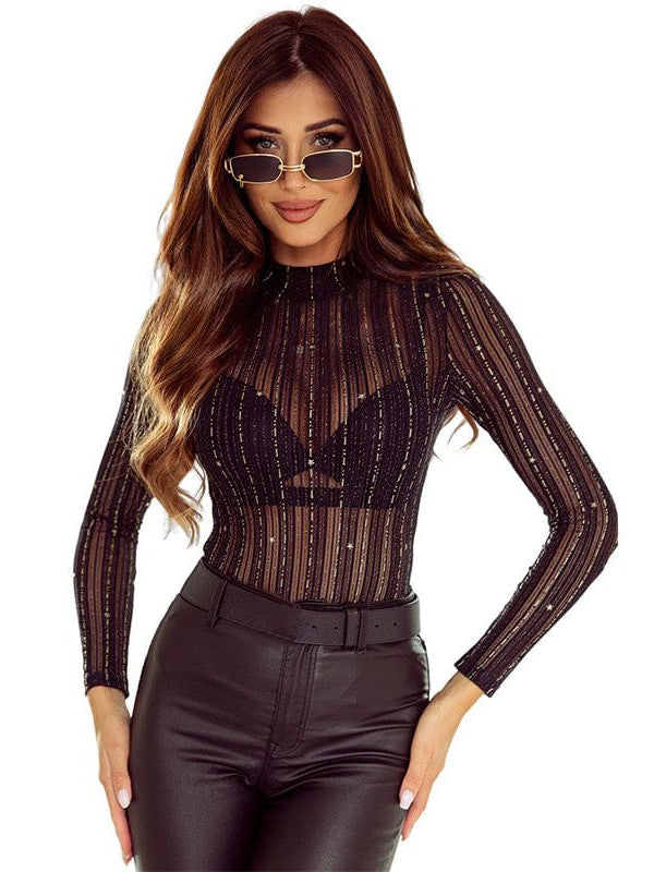 Stylish and Seductive High-Waisted Jumpsuit with Sheer Mesh Long Sleeves for Women