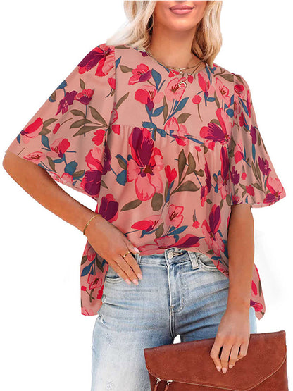 T-Shirts - Fashion Casual Floral Print Loose Short Sleeve T-Shirt - MsDressly