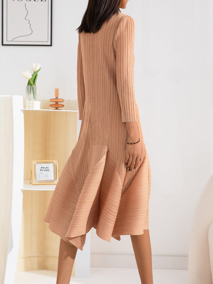 Midi Dresses - Elegant Fashionable Pleated Solid Color All Match Midi Dress - MsDressly