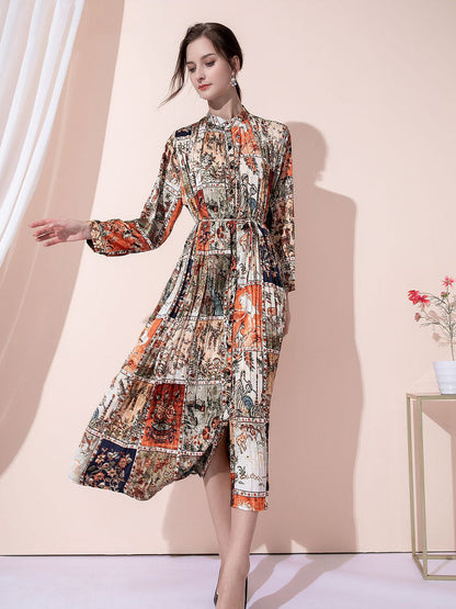 Personality Pleated Floral Print Midi Dress