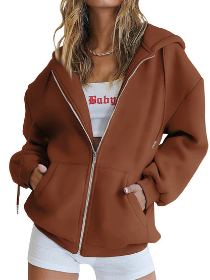 Hoodies - Zip Up Oversized Cute Casual Drawstring With Pockets Hoodie - MsDressly