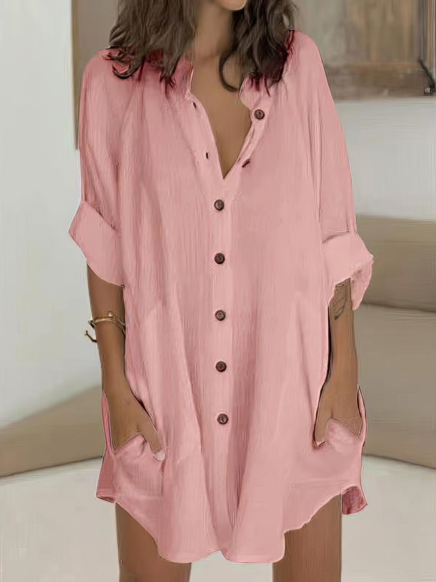Mini Dresses - Shirt Casual  Basic Loose Fit Long Sleeve Mini Dress - MsDressly