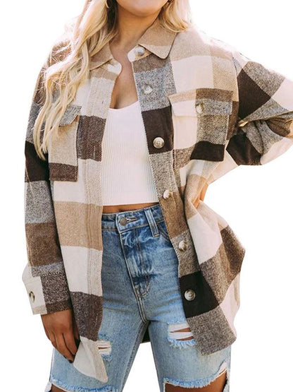 Stylish Plaid Button Up Long Sleeve Jacket