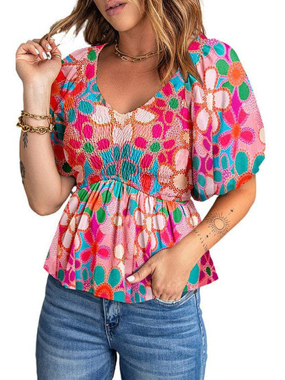 Waist Slimming Bohemian Chiffon Floral Print Pullover Shirt for Women