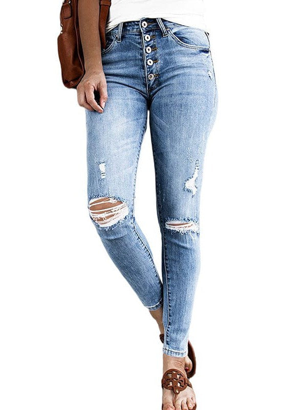 Women's Chic Ripped High-Waisted Denim Nine-Point Jeans