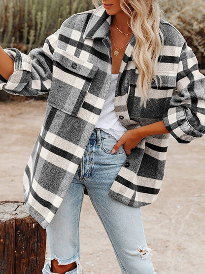 Coats - Loose Plaid Flannel Wool Lapel Coat - MsDressly