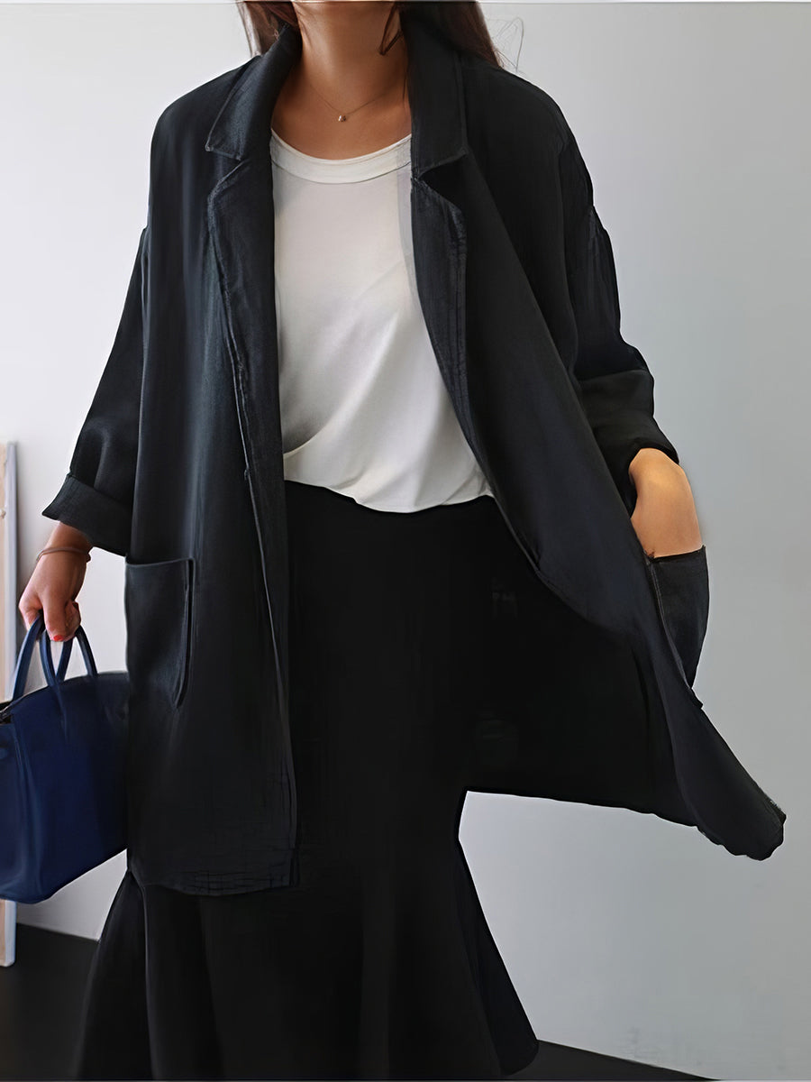 Coats - Literary Style Lapel Loose Solid Color Mid Length Coat - MsDressly