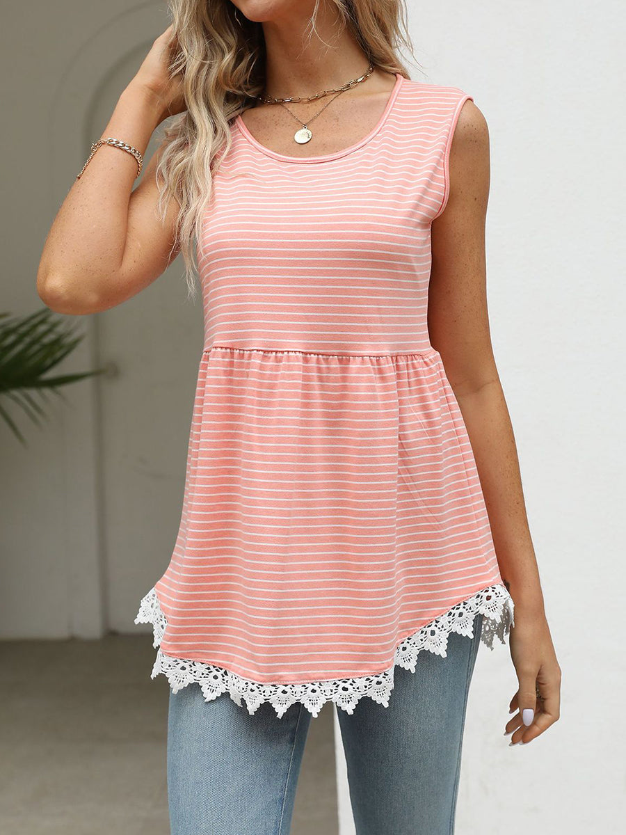 Blouses - Striped Lace Stitching Fashion Sleeveless Blouse - MsDressly